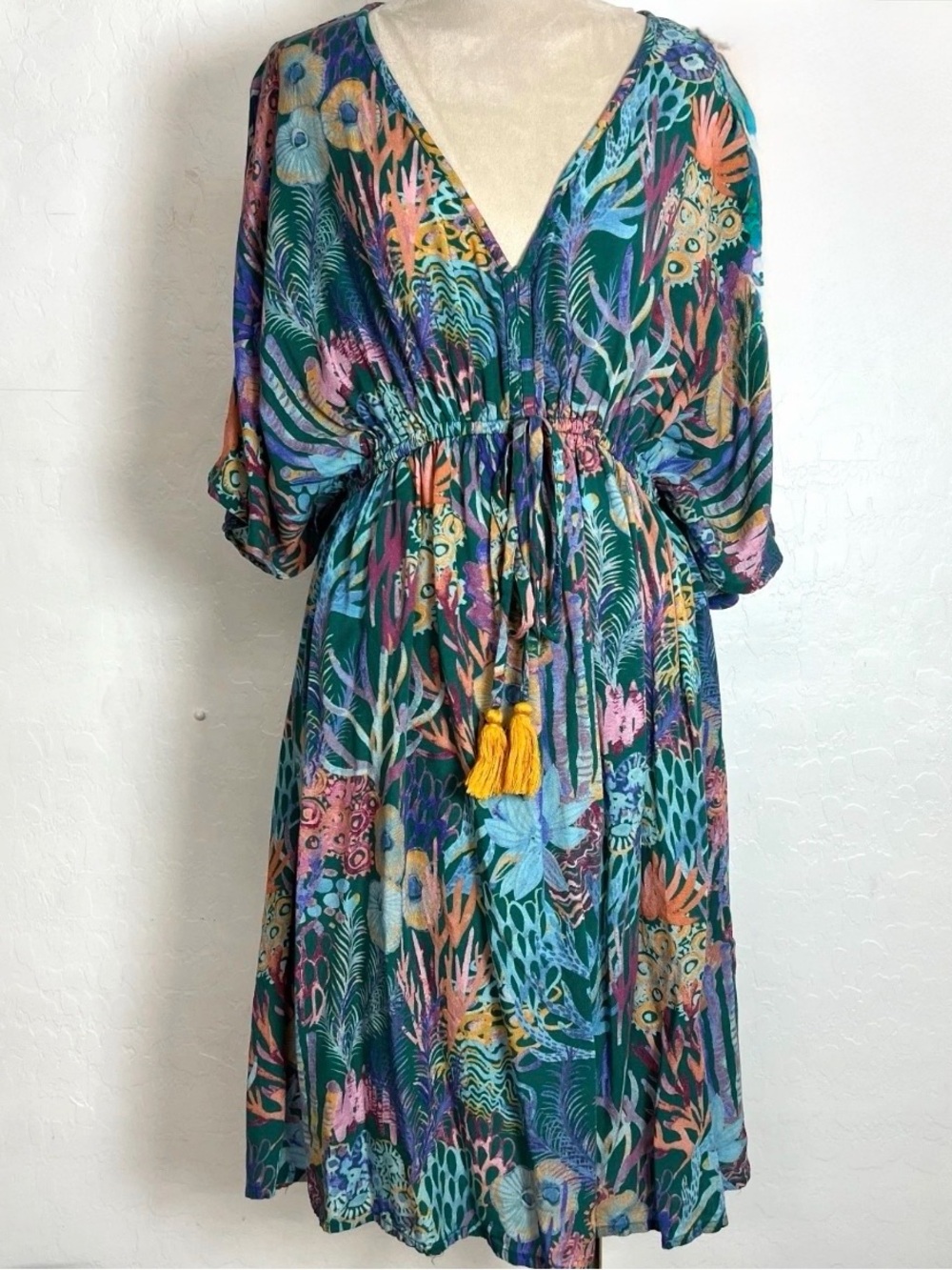 World Market Sea Life Kaftan Dress Bohemian Kimono Sleeve Coral Reef Tassel